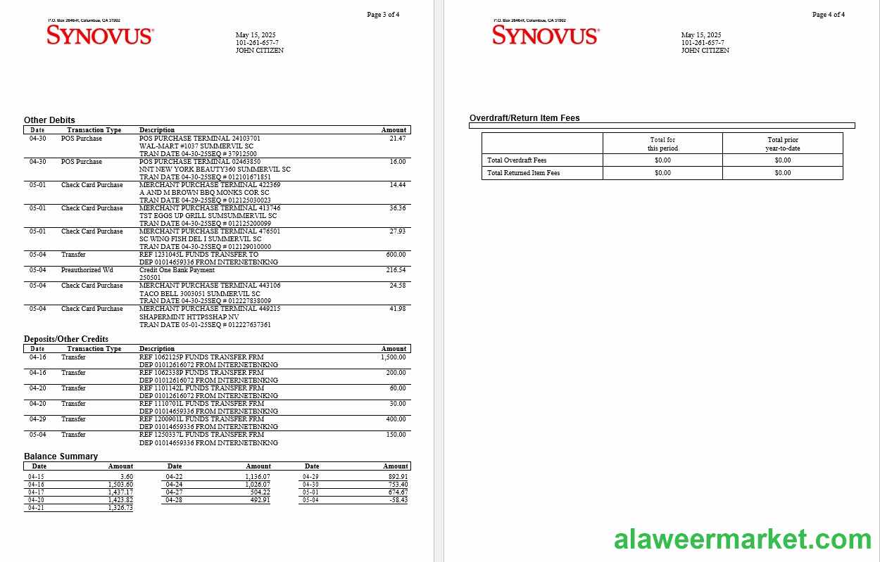 USA Synovus Bank statement Word and PDF template, 4 pages 2